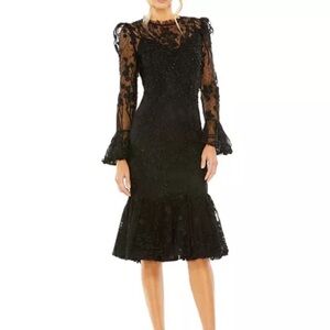 Mac Duggal Black Ruffle Wrist Embellished High Neck Midi Dress